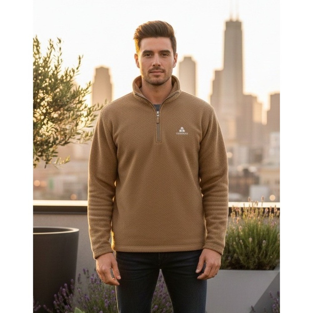 Straight Down Men's 1/4 Zip Sweatshirt Long Sleeve Cotton Pullover Size L Tan